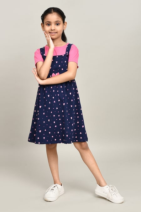 Petite Pomme_Pink Cotton Bows Knee Length Dungarees Dress _Online_at_Aza_Fashions