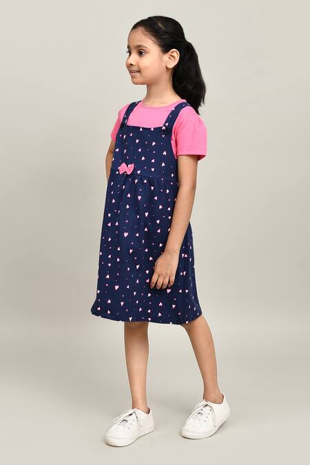 Buy_Petite Pomme_Pink Cotton Bows Knee Length Dungarees Dress _Online_at_Aza_Fashions