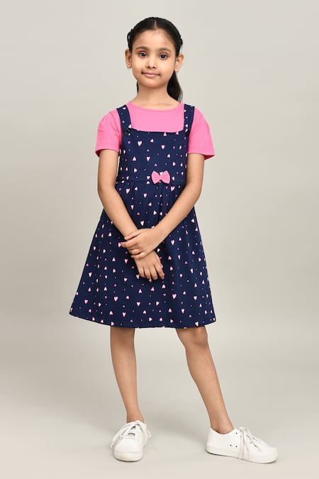 Petite Pomme_Pink Cotton Bows Knee Length Dungarees Dress _at_Aza_Fashions