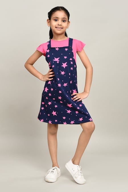Buy_Petite Pomme_Blue Cotton Clothee Fun Baby Girl Star Print Dungarees Dress _Online_at_Aza_Fashions