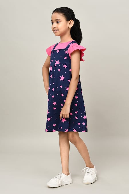 Petite Pomme_Blue Cotton Clothee Fun Baby Girl Star Print Dungarees Dress _at_Aza_Fashions