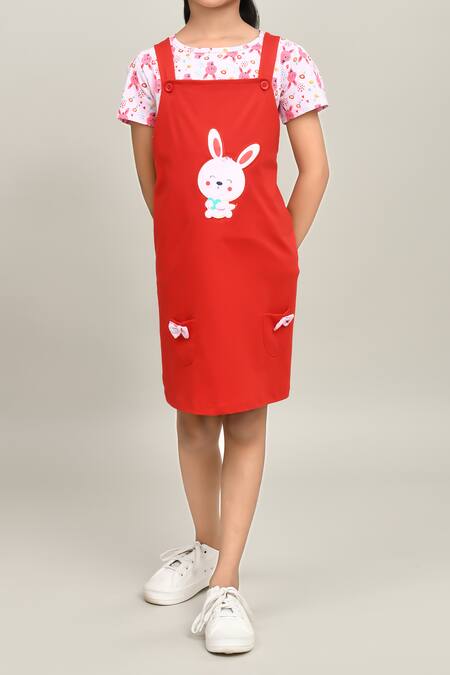Petite Pomme_Red Cotton Embroidery, Bows Baby Girl Knee Length Dungarees Dress _Online_at_Aza_Fashions