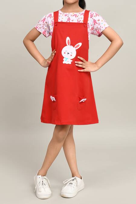 Petite Pomme_Red Cotton Embroidery, Bows Baby Girl Knee Length Dungarees Dress _at_Aza_Fashions