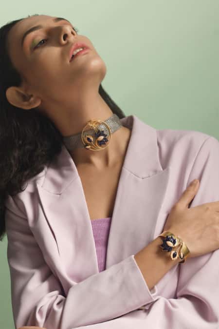 Shop_Trupti Mohta_Silver Plated Ethereal Midnight Weave Lotus Choker _Online_at_Aza_Fashions