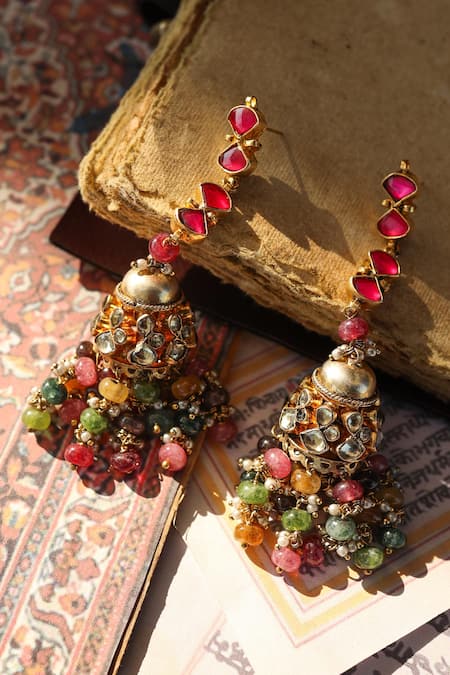 Do Taara_Multi Color Pearls, Stones Kundan Jhumka Earrings _Online_at_Aza_Fashions