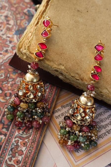 Shop_Do Taara_Multi Color Pearls, Stones Kundan Jhumka Earrings _at_Aza_Fashions