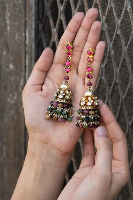 Buy_Do Taara_Multi Color Pearls, Stones Kundan Jhumka Earrings _Online_at_Aza_Fashions