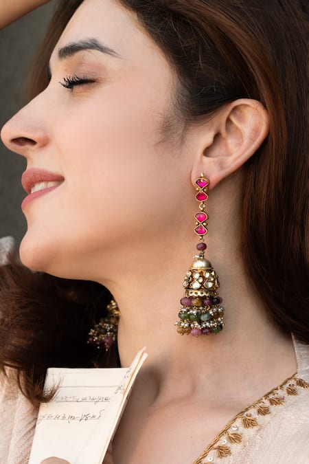 Shop_Do Taara_Multi Color Pearls, Stones Kundan Jhumka Earrings _Online_at_Aza_Fashions