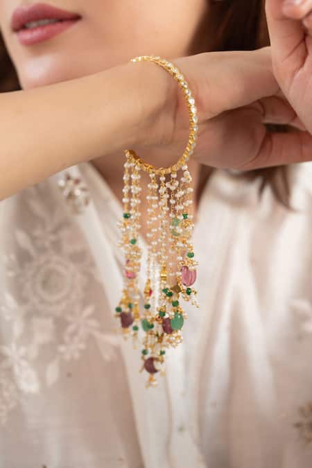 Do Taara_Multi Color Stones, Pearls, Beads Kundan Kalirah Bangle Set _Online_at_Aza_Fashions