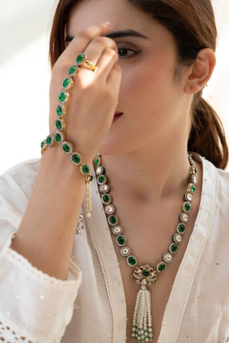 Shop_Do Taara_Green Crystals, Stones Hathphool _Online_at_Aza_Fashions