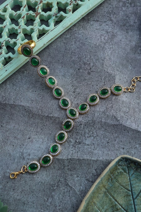 Shop_Do Taara_Green Crystals, Stones Hathphool _at_Aza_Fashions