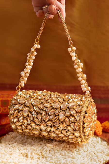 Shop_Bhavna Kumar_Gold Kundan Embellished Round Clutch _at_Aza_Fashions