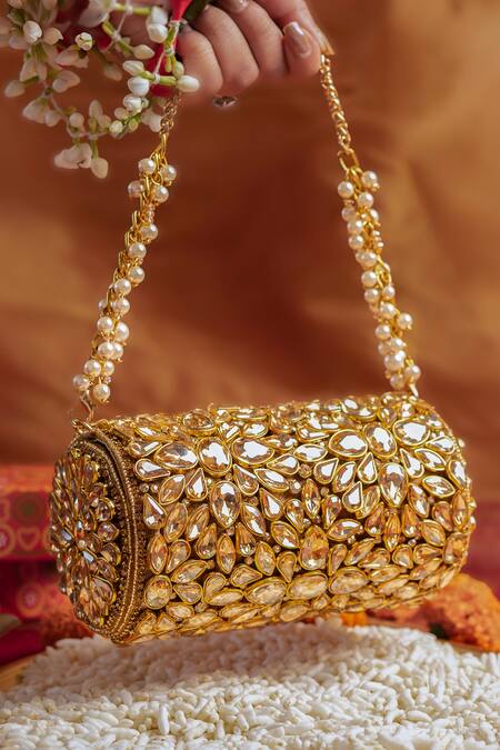 Bhavna Kumar_Gold Kundan Embellished Round Clutch _Online_at_Aza_Fashions