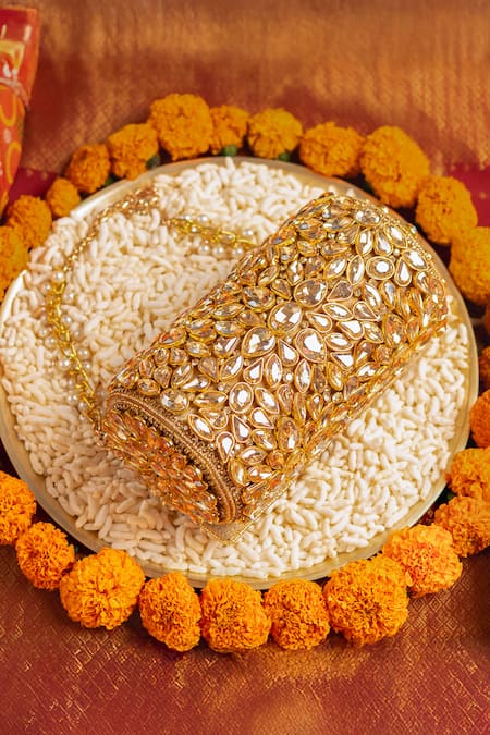 Buy_Bhavna Kumar_Gold Kundan Embellished Round Clutch _Online_at_Aza_Fashions