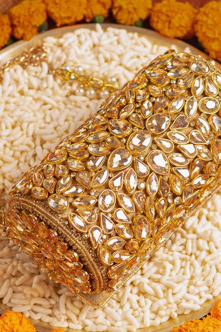 Shop_Bhavna Kumar_Gold Kundan Embellished Round Clutch _Online_at_Aza_Fashions