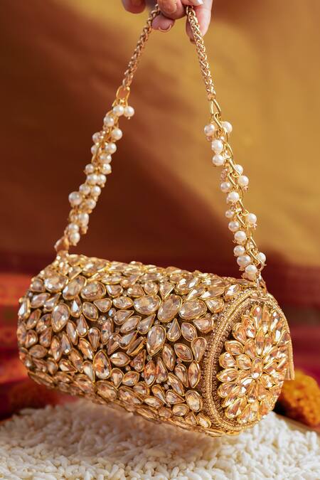Bhavna Kumar_Gold Kundan Embellished Round Clutch _at_Aza_Fashions