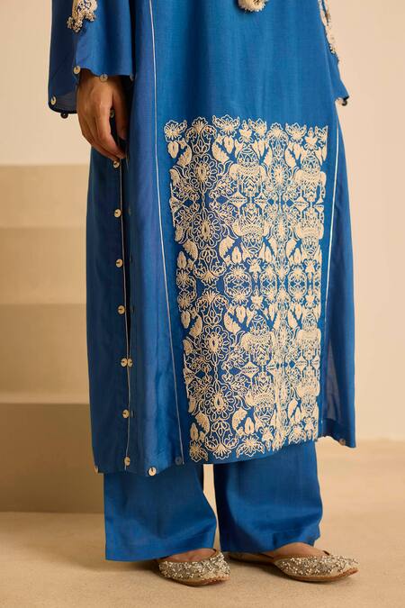 Shop_Inej_Blue Cotton, Silk Tassels, Pearls Round Neck Embroidered Kurta Set _Online_at_Aza_Fashions