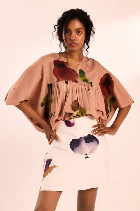 Kharakapas_Off White Twill Amethyst Floral Printed Skort _Online_at_Aza_Fashions