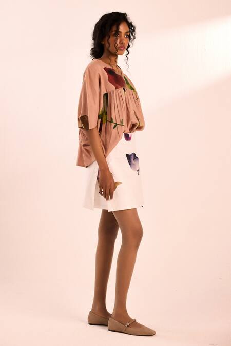 Buy_Kharakapas_Off White Twill Amethyst Floral Printed Skort _Online_at_Aza_Fashions