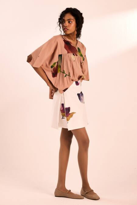 Shop_Kharakapas_Off White Twill Amethyst Floral Printed Skort _Online_at_Aza_Fashions
