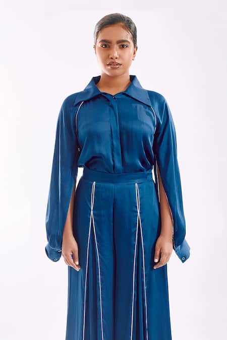 Notsosure_Blue Georgette, Satin Embroidery Button-down Neck Down Coord Set _Online_at_Aza_Fashions