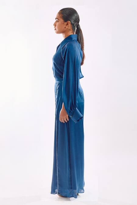 Buy_Notsosure_Blue Georgette, Satin Embroidery Button-down Neck Down Coord Set _Online_at_Aza_Fashions