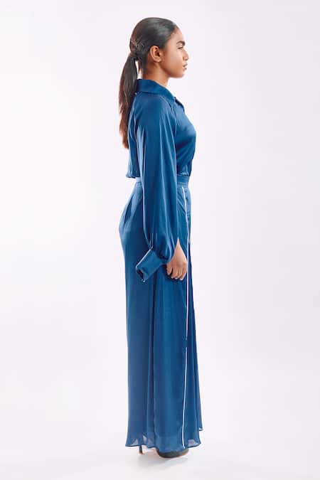 Shop_Notsosure_Blue Georgette, Satin Embroidery Button-down Neck Down Coord Set _Online_at_Aza_Fashions