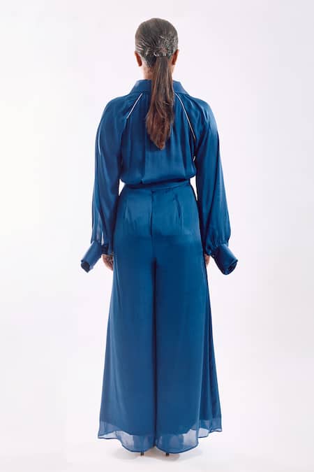 Shop_Notsosure_Blue Georgette, Satin Embroidery Button-down Neck Down Coord Set _at_Aza_Fashions