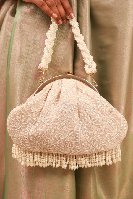 Shop_Amyra_Gray Embroidery, Beads Rhea Threadwork Vintage Clutch _at_Aza_Fashions