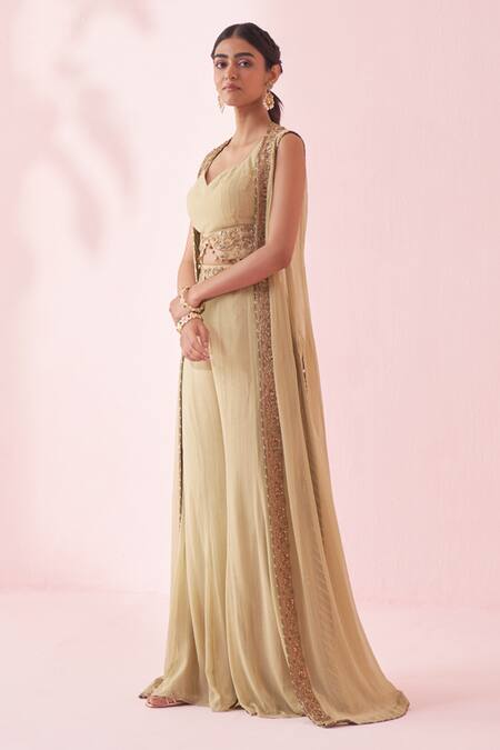 Studio Bagechaa_Green Georgette, Cotton Embroidery, Sequins V-neck Gehna Sharara Set _Online_at_Aza_Fashions