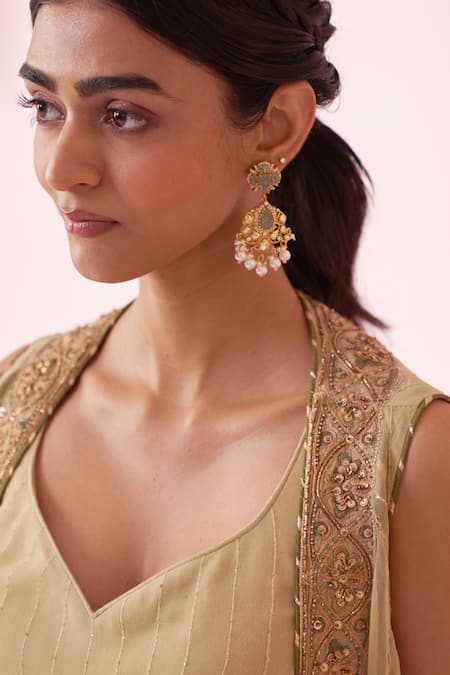 Buy_Studio Bagechaa_Green Georgette, Cotton Embroidery, Sequins V-neck Gehna Sharara Set _Online_at_Aza_Fashions