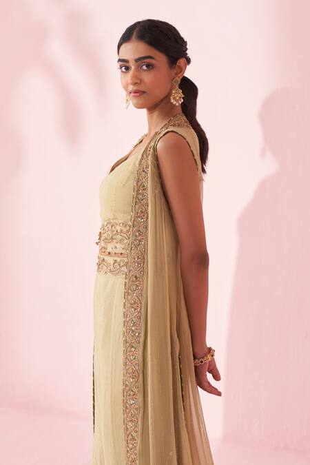 Shop_Studio Bagechaa_Green Georgette, Cotton Embroidery, Sequins V-neck Gehna Sharara Set _Online_at_Aza_Fashions