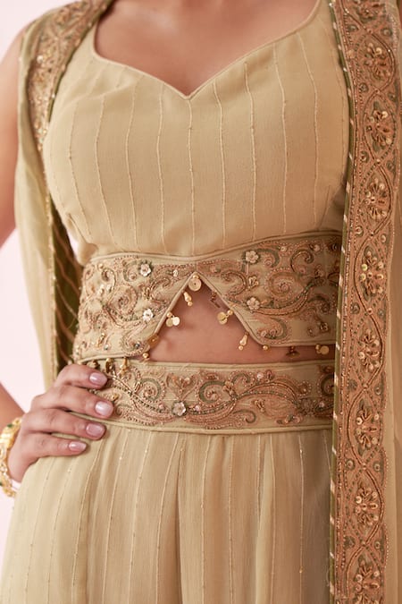 Studio Bagechaa_Green Georgette, Cotton Embroidery, Sequins V-neck Gehna Sharara Set _at_Aza_Fashions
