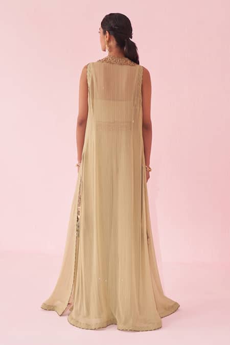 Shop_Studio Bagechaa_Green Georgette, Cotton Embroidery, Sequins V-neck Gehna Sharara Set _at_Aza_Fashions