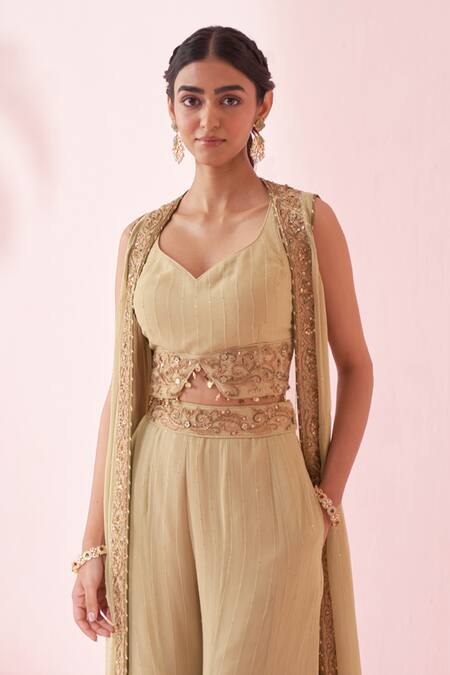 Buy_Studio Bagechaa_Green Georgette, Cotton Embroidery, Sequins V-neck Gehna Sharara Set 
