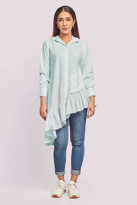 Blue Lotus Design_Blue Cotton Collared Light Assymetric Shirt Dress _Online_at_Aza_Fashions