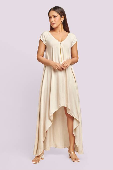 Blue Lotus Design_Ivory Flannel Embroidery V-, Round Assymetric Dress With Jacket _Online_at_Aza_Fashions