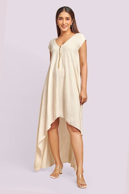 Buy_Blue Lotus Design_Ivory Flannel Embroidery V-, Round Assymetric Dress With Jacket _Online_at_Aza_Fashions