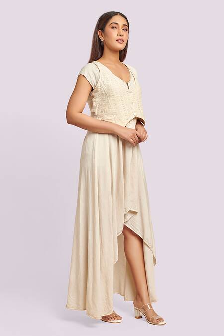 Shop_Blue Lotus Design_Ivory Flannel Embroidery V-, Round Assymetric Dress With Jacket _Online_at_Aza_Fashions