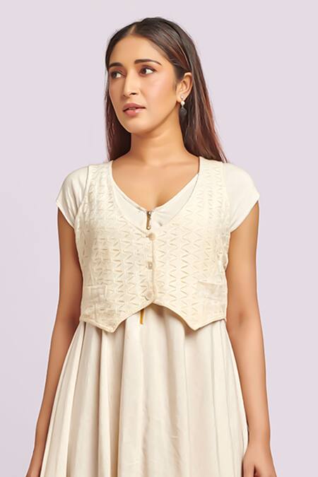 Blue Lotus Design_Ivory Flannel Embroidery V-, Round Assymetric Dress With Jacket _at_Aza_Fashions