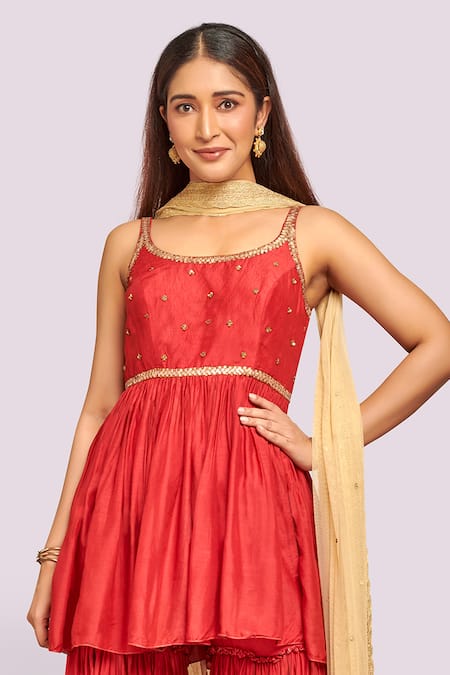 Blue Lotus Design Red Embroidered Sharara Set With Net Dupatta 