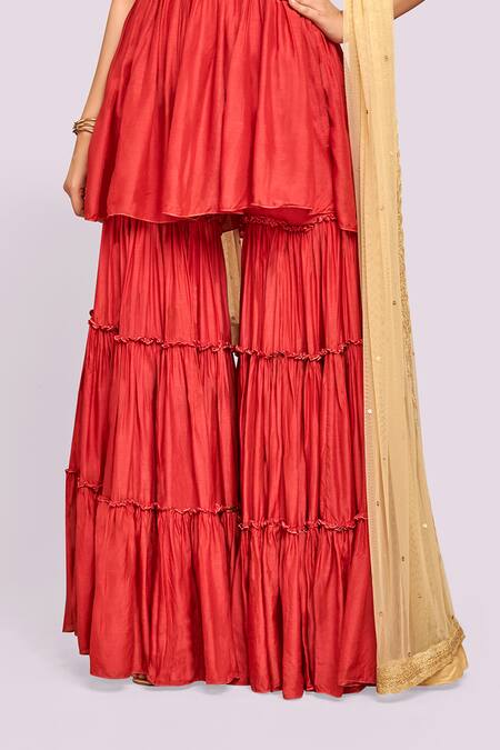 Blue Lotus Design_Red Modal, Satin, Net Embroidery Round Neck Sharara Set With Dupatta _Online_at_Aza_Fashions