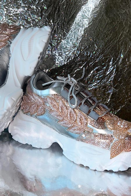 Chal Jooti_Rose Gold Twilight Rosegold Floral Embellished Sneakers _Online_at_Aza_Fashions