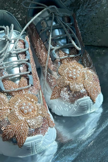 Buy_Chal Jooti_Rose Gold Twilight Rosegold Floral Embellished Sneakers _Online_at_Aza_Fashions