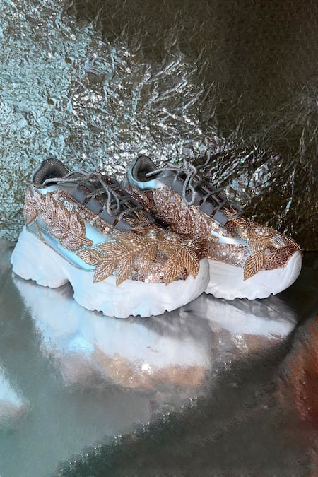 Chal Jooti Twilight Rosegold Floral Embellished Sneakers 