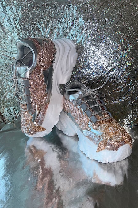 Chal Jooti_Rose Gold Twilight Rosegold Floral Embellished Sneakers _at_Aza_Fashions