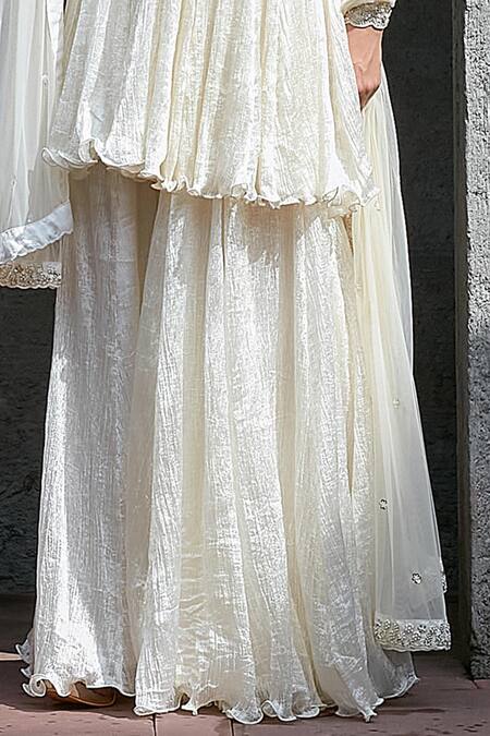 Priyanka Jain_Ivory Embroidery V-neck Crinkle Sharara Set _Online_at_Aza_Fashions