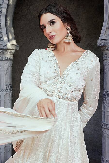 Buy_Priyanka Jain_Ivory Embroidery V-neck Crinkle Sharara Set _Online_at_Aza_Fashions