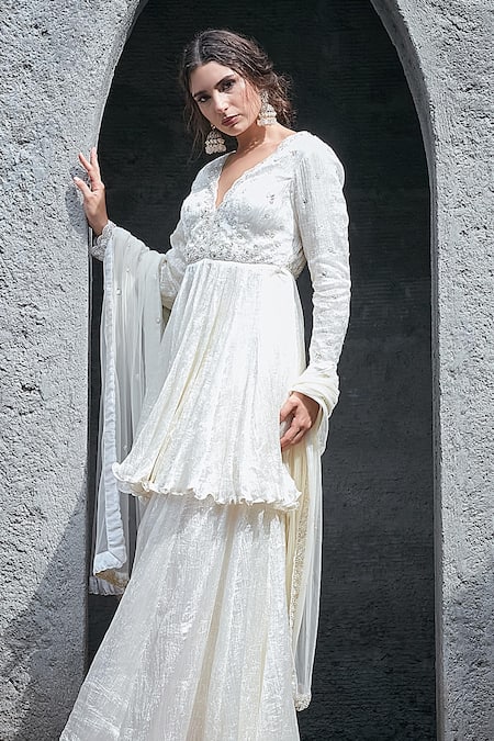 Shop_Priyanka Jain_Ivory Embroidery V-neck Crinkle Sharara Set _Online_at_Aza_Fashions