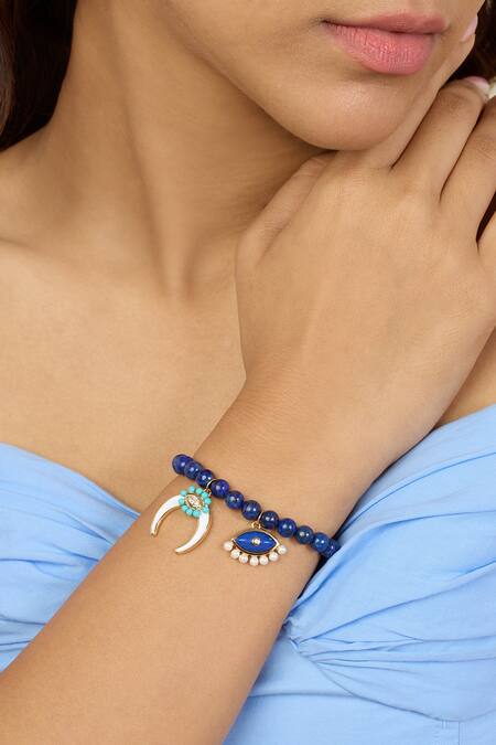 Shop Isharya Blue Pearls, Crystals Lapis Charm Bracelet Online at Aza Fashions Shop_Isharya_Blue Pearls, Crystals Lapis Charm Bracelet _Online_at_Aza_Fashions